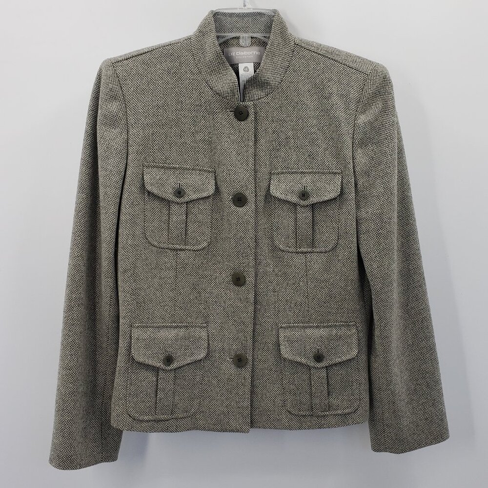 Liz Claiborne Collection Blazer Women's 10 Tweed Wool Cashmere Military Style